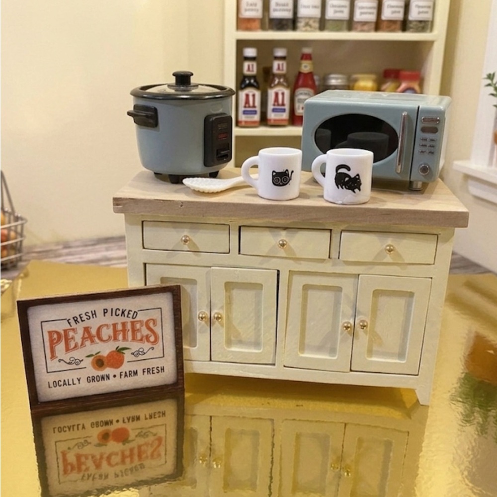 Miniature Cream Kitchen Cabinet with Light Blue Appliances